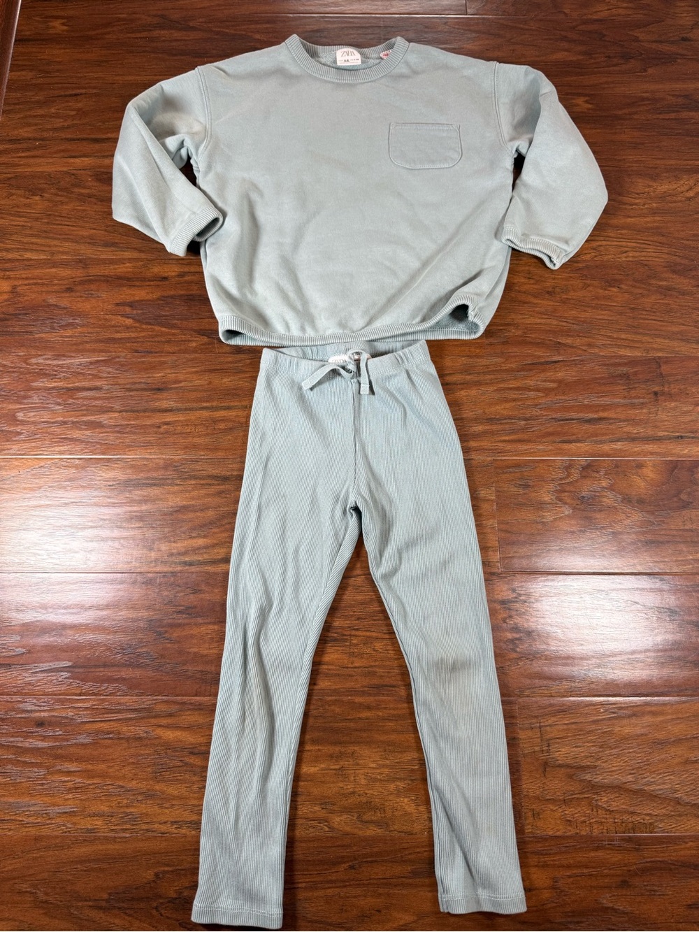 Zara Kids Ribbed Matching Set in Light Sage